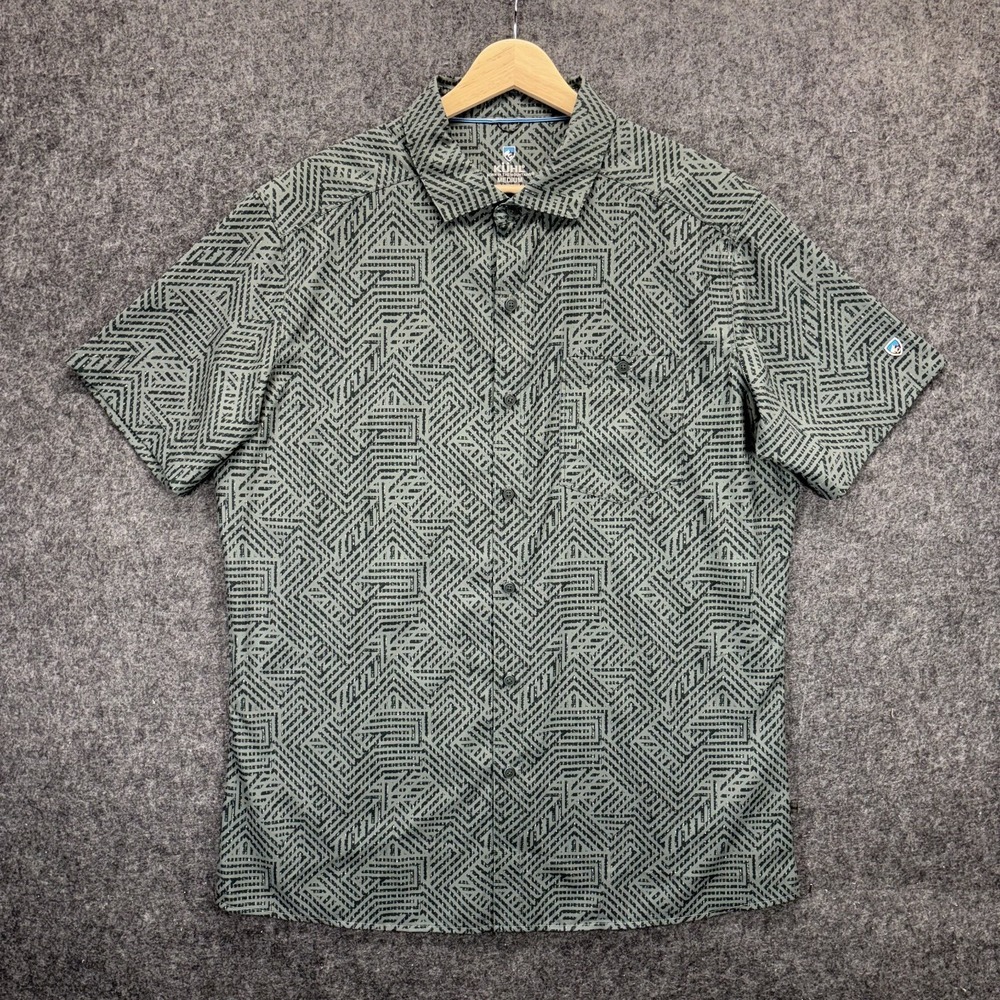 Kuhl Persuadr Button Shirt Geometric Mens Medium Green Peformance Tech 7428